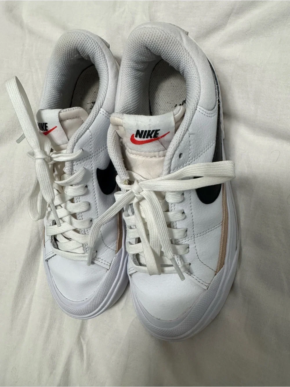 Nike White Leather Platform Sneakers with Black Swoosh and Tan Trim - Picture 4 of 8